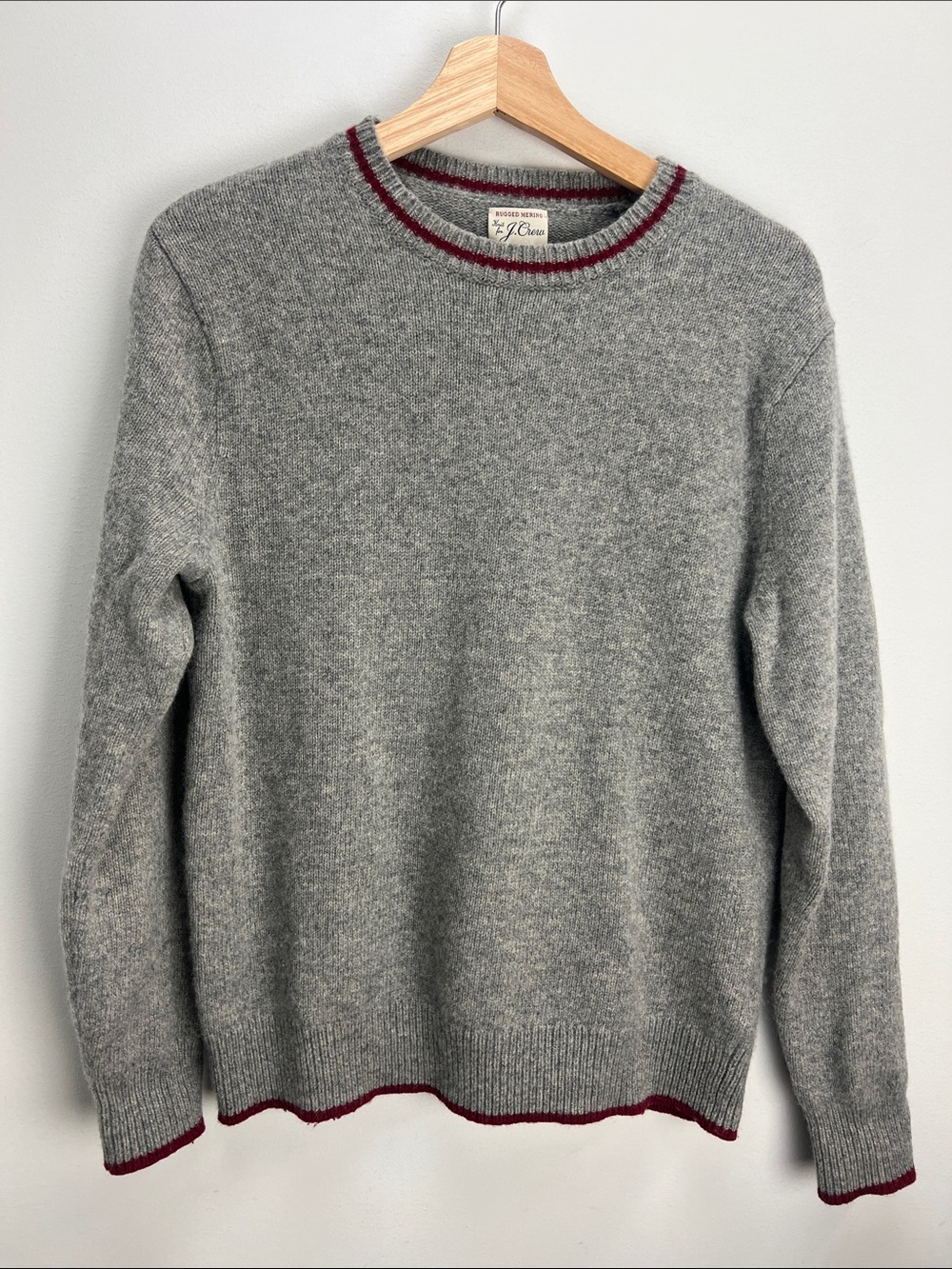 J. Crew Merino Wool Blend Tipped Sweater Gray Red Trim Mens Medium Fisherman